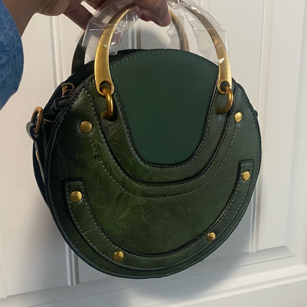 Chic Round Green Bag with Gold Accents